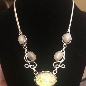 Necklace, 4 rainbow moonstone & lab created center